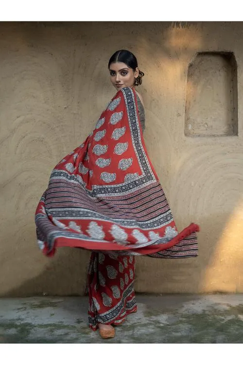 Classic Appeal. Bagru Hand Block Printed Modal Silk Saree - Red Paisleys