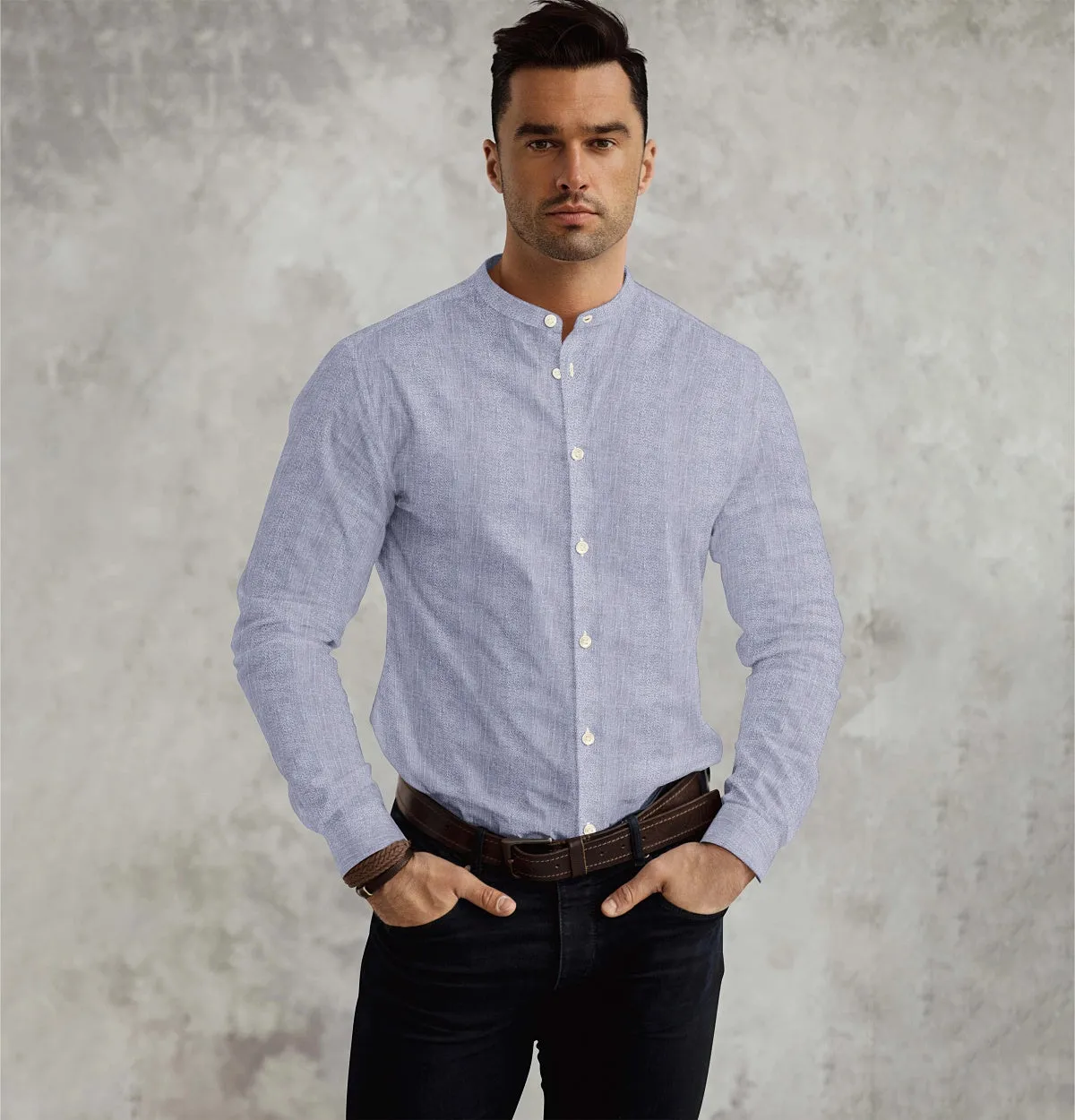 Pure Linen - Band Collar - Long Sleeve - Lavender Mist