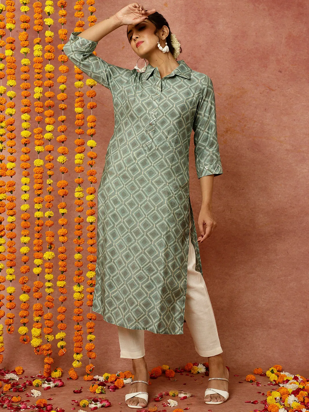 Sea Green Abstract Print Straight Kurta